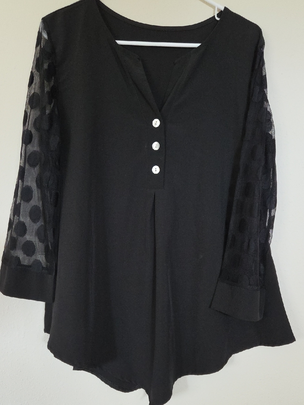 Black V-Neck Tunic with Sheer Polka Dot Sleeves - Picture 1 of 1